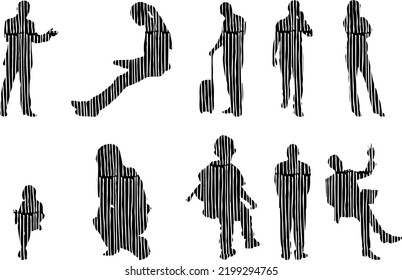 Vektor-Silhouetten, Silhouetten-Linien, Konturzeichnungen, Silhouette-Leute, Symbolsatz isoliert, Silhouette sitzender Menschen, Architekturset	
