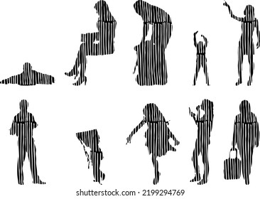 Vector silhouettes, Outline silhouettes of people, Contour drawing, people silhouette, Icon Set Isolated, Silhouette of sitting people, Architectural set	
