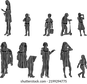 Vector silhouettes, Outline silhouettes of people, Contour drawing, people silhouette, Icon Set Isolated, Silhouette of sitting people, Architectural set	
