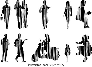Vector silhouettes, Outline silhouettes of people, Contour drawing, people silhouette, Icon Set Isolated, Silhouette of sitting people, Architectural set	
