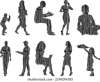 Vector silhouettes, Outline silhouettes of people, Contour drawing, people silhouette, Icon Set Isolated, Silhouette of sitting people, Architectural set	
