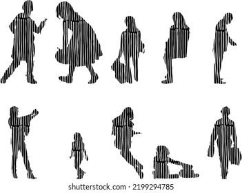 Vector silhouettes, Outline silhouettes of people, Contour drawing, people silhouette, Icon Set Isolated, Silhouette of sitting people, Architectural set	
