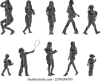 Vector silhouettes, Outline silhouettes of people, Contour drawing, people silhouette, Icon Set Isolated, Silhouette of sitting people, Architectural set	
