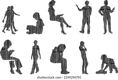 Vektor-Silhouetten, Silhouetten-Linien, Konturzeichnungen, Silhouette-Leute, Symbolsatz isoliert, Silhouette sitzender Menschen, Architekturset	
