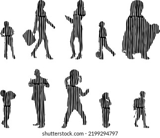 Vector silhouettes, Outline silhouettes of people, Contour drawing, people silhouette, Icon Set Isolated, Silhouette of sitting people, Architectural set	
