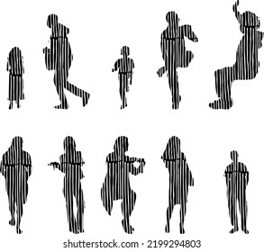 Vector silhouettes, Outline silhouettes of people, Contour drawing, people silhouette, Icon Set Isolated, Silhouette of sitting people, Architectural set	
