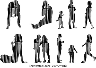 Siluetas vectoriales, Siluetas de contorno de personas, Dibujo de contorno, silueta de personas, Conjunto de iconos aislados, Silueta de personas sentadas, Conjunto arquitectónico	
