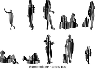 Vector silhouettes, Outline silhouettes of people, Contour drawing, people silhouette, Icon Set Isolated, Silhouette of sitting people, Architectural set	
