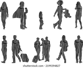 Vector silhouettes, Outline silhouettes of people, Contour drawing, people silhouette, Icon Set Isolated, Silhouette of sitting people, Architectural set	
