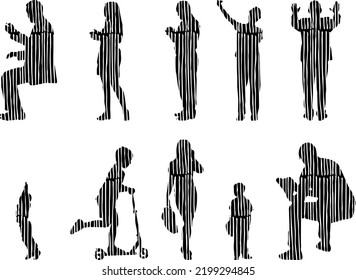 Vector silhouettes, Outline silhouettes of people, Contour drawing, people silhouette, Icon Set Isolated, Silhouette of sitting people, Architectural set	
