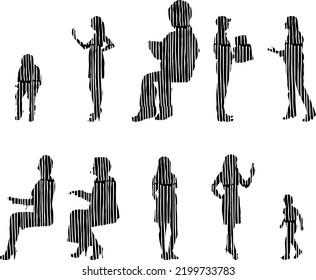 Vector silhouettes, Outline silhouettes of people, Contour drawing, people silhouette, Icon Set Isolated, Silhouette of sitting people, Architectural set	
