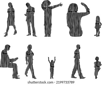 Vector silhouettes, Outline silhouettes of people, Contour drawing, people silhouette, Icon Set Isolated, Silhouette of sitting people, Architectural set	
