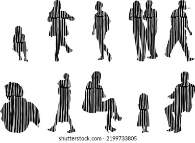 Vector silhouettes, Outline silhouettes of people, Contour drawing, people silhouette, Icon Set Isolated, Silhouette of sitting people, Architectural set	

