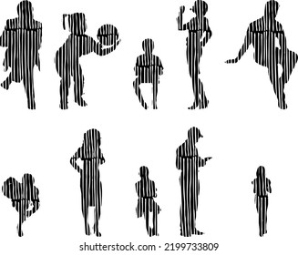 Siluetas vectoriales, Siluetas de contorno de personas, Dibujo de contorno, silueta de personas, Conjunto de iconos aislados, Silueta de personas sentadas, Conjunto arquitectónico	
