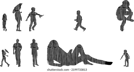 Vector silhouettes, Outline silhouettes of people, Contour drawing, people silhouette, Icon Set Isolated, Silhouette of sitting people, Architectural set	
