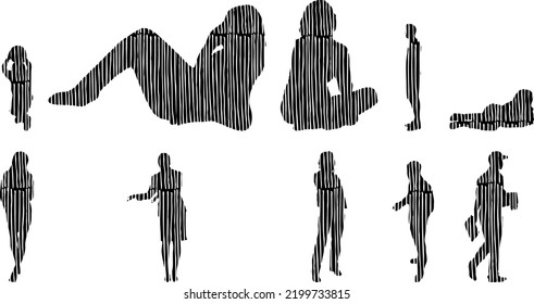 Vector silhouettes, Outline silhouettes of people, Contour drawing, people silhouette, Icon Set Isolated, Silhouette of sitting people, Architectural set	
