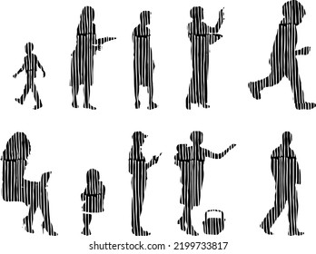Vektor-Silhouetten, Silhouetten-Linien, Konturzeichnungen, Silhouette-Leute, Symbolsatz isoliert, Silhouette sitzender Menschen, Architekturset	
