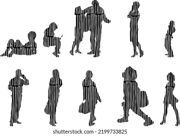 Vector silhouettes, Outline silhouettes of people, Contour drawing, people silhouette, Icon Set Isolated, Silhouette of sitting people, Architectural set	
