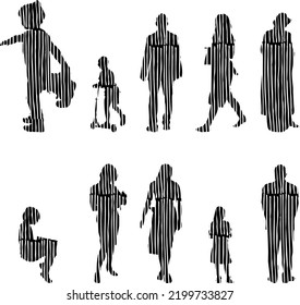 Vector silhouettes, Outline silhouettes of people, Contour drawing, people silhouette, Icon Set Isolated, Silhouette of sitting people, Architectural set	
