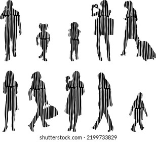 Vector silhouettes, Outline silhouettes of people, Contour drawing, people silhouette, Icon Set Isolated, Silhouette of sitting people, Architectural set	
