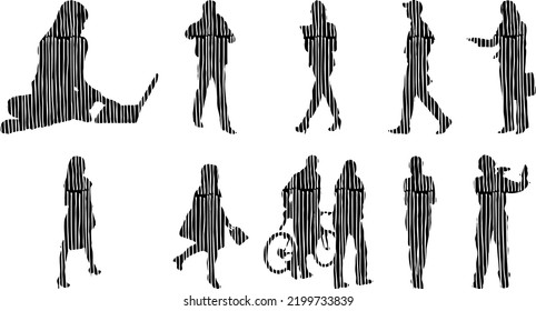 Vector silhouettes, Outline silhouettes of people, Contour drawing, people silhouette, Icon Set Isolated, Silhouette of sitting people, Architectural set	
