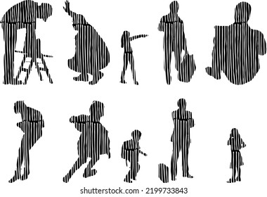 Vector silhouettes, Outline silhouettes of people, Contour drawing, people silhouette, Icon Set Isolated, Silhouette of sitting people, Architectural set	
