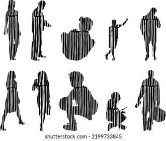 Vector silhouettes, Outline silhouettes of people, Contour drawing, people silhouette, Icon Set Isolated, Silhouette of sitting people, Architectural set	
