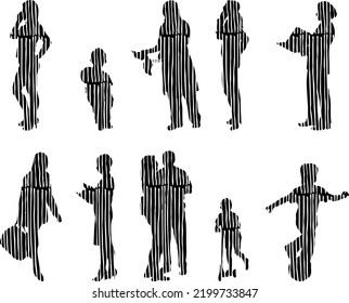 Vektor-Silhouetten, Silhouetten-Linien, Konturzeichnungen, Silhouette-Leute, Symbolsatz isoliert, Silhouette sitzender Menschen, Architekturset	
