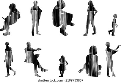 Vector silhouettes, Outline silhouettes of people, Contour drawing, people silhouette, Icon Set Isolated, Silhouette of sitting people, Architectural set	
