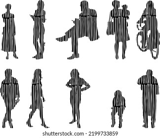 Vector silhouettes, Outline silhouettes of people, Contour drawing, people silhouette, Icon Set Isolated, Silhouette of sitting people, Architectural set	
