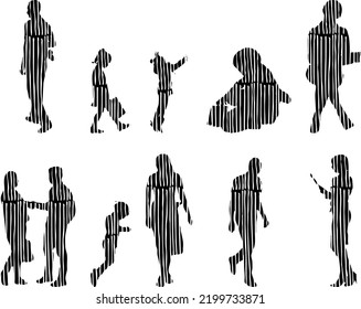 Vektor-Silhouetten, Silhouetten-Linien, Konturzeichnungen, Silhouette-Leute, Symbolsatz isoliert, Silhouette sitzender Menschen, Architekturset	
