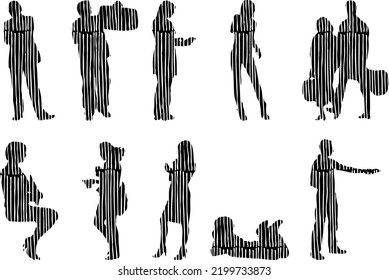 Vector silhouettes, Outline silhouettes of people, Contour drawing, people silhouette, Icon Set Isolated, Silhouette of sitting people, Architectural set	
