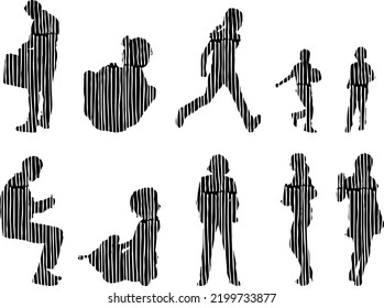 Vector silhouettes, Outline silhouettes of people, Contour drawing, people silhouette, Icon Set Isolated, Silhouette of sitting people, Architectural set	
