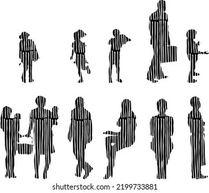 Vector silhouettes, Outline silhouettes of people, Contour drawing, people silhouette, Icon Set Isolated, Silhouette of sitting people, Architectural set	
