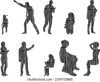 Vector silhouettes, Outline silhouettes of people, Contour drawing, people silhouette, Icon Set Isolated, Silhouette of sitting people, Architectural set	

