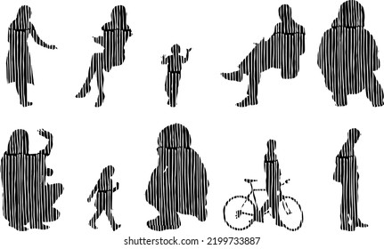 Vector silhouettes, Outline silhouettes of people, Contour drawing, people silhouette, Icon Set Isolated, Silhouette of sitting people, Architectural set	
