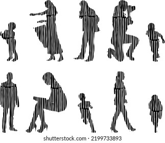 Vector silhouettes, Outline silhouettes of people, Contour drawing, people silhouette, Icon Set Isolated, Silhouette of sitting people, Architectural set	
