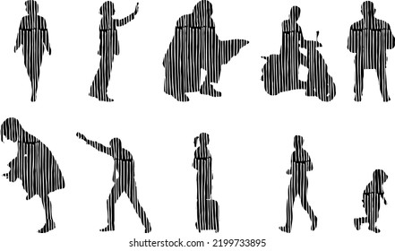 Vector silhouettes, Outline silhouettes of people, Contour drawing, people silhouette, Icon Set Isolated, Silhouette of sitting people, Architectural set	

