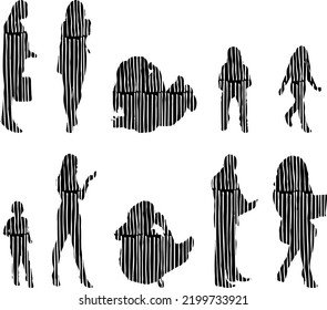 Vector silhouettes, Outline silhouettes of people, Contour drawing, people silhouette, Icon Set Isolated, Silhouette of sitting people, Architectural set	
