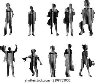 Siluetas vectoriales, Siluetas de contorno de personas, Dibujo de contorno, silueta de personas, Conjunto de iconos aislados, Silueta de personas sentadas, Conjunto arquitectónico	
