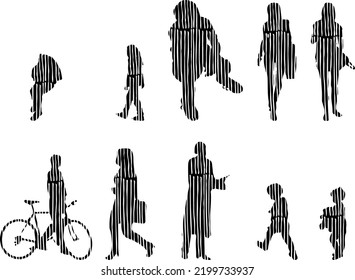 Vector silhouettes, Outline silhouettes of people, Contour drawing, people silhouette, Icon Set Isolated, Silhouette of sitting people, Architectural set	
