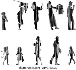 Vector silhouettes, Outline silhouettes of people, Contour drawing, people silhouette, Icon Set Isolated, Silhouette of sitting people, Architectural set	
