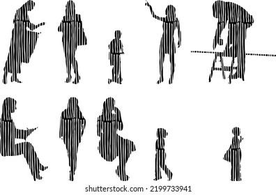 Vector silhouettes, Outline silhouettes of people, Contour drawing, people silhouette, Icon Set Isolated, Silhouette of sitting people, Architectural set	

