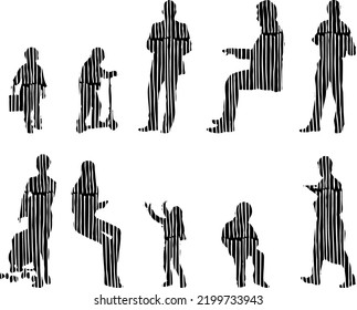 Vector silhouettes, Outline silhouettes of people, Contour drawing, people silhouette, Icon Set Isolated, Silhouette of sitting people, Architectural set	
