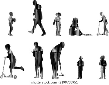 Vector silhouettes, Outline silhouettes of people, Contour drawing, people silhouette, Icon Set Isolated, Silhouette of sitting people, Architectural set	
