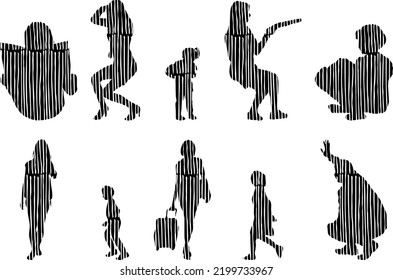 Vector silhouettes, Outline silhouettes of people, Contour drawing, people silhouette, Icon Set Isolated, Silhouette of sitting people, Architectural set	
