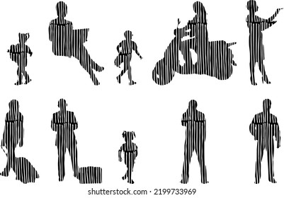 Vector silhouettes, Outline silhouettes of people, Contour drawing, people silhouette, Icon Set Isolated, Silhouette of sitting people, Architectural set	
