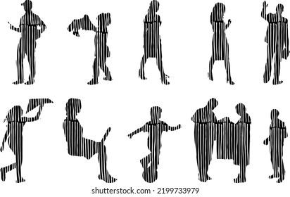 Vector silhouettes, Outline silhouettes of people, Contour drawing, people silhouette, Icon Set Isolated, Silhouette of sitting people, Architectural set	

