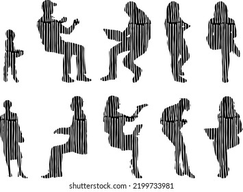 Vector silhouettes, Outline silhouettes of people, Contour drawing, people silhouette, Icon Set Isolated, Silhouette of sitting people, Architectural set	
