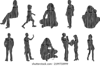 Vector silhouettes, Outline silhouettes of people, Contour drawing, people silhouette, Icon Set Isolated, Silhouette of sitting people, Architectural set	
